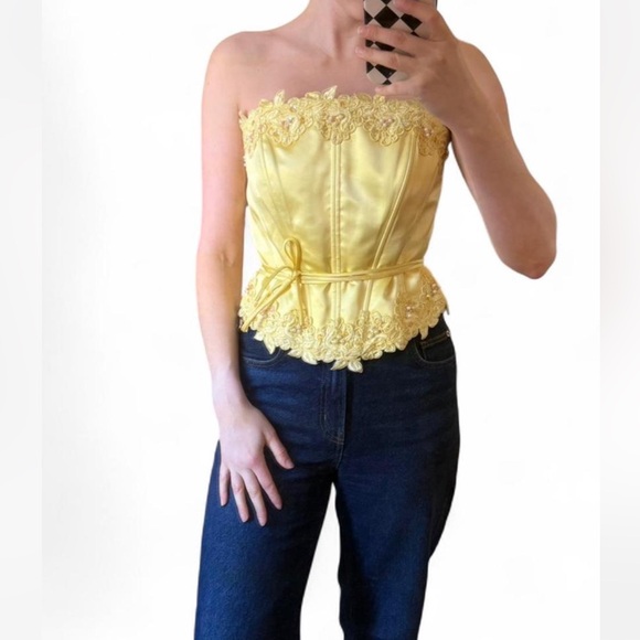 NWOT Vintage Yellow Lace Trim Corset Top - Picture 2 of 7